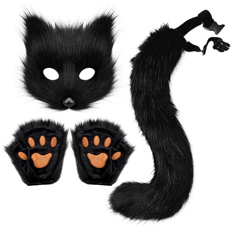 Halloween Set, Simulated Fox Mask Gloves, Plush Fox Tail, Handmade Beast Tail Cos Prop Accessories.