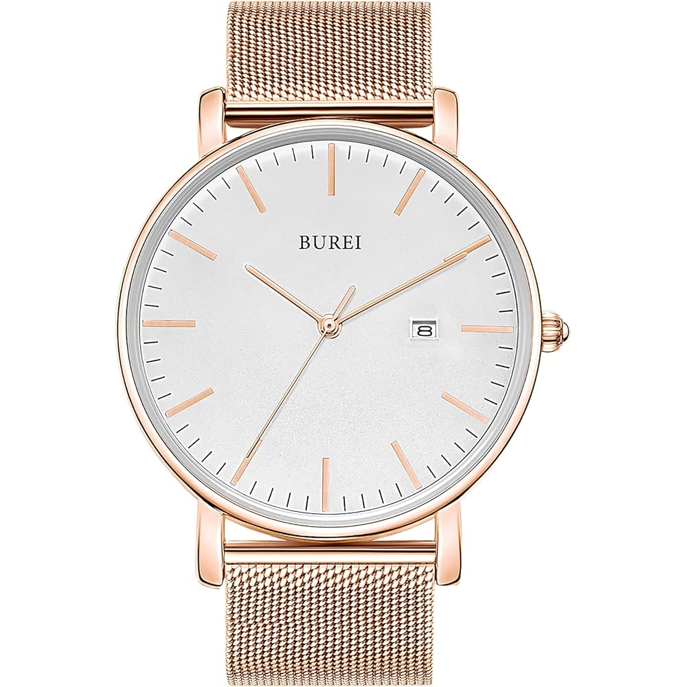 BUREI Men s Analog Watch Waterproof Simple Milanese Mesh Band Rose Gold White