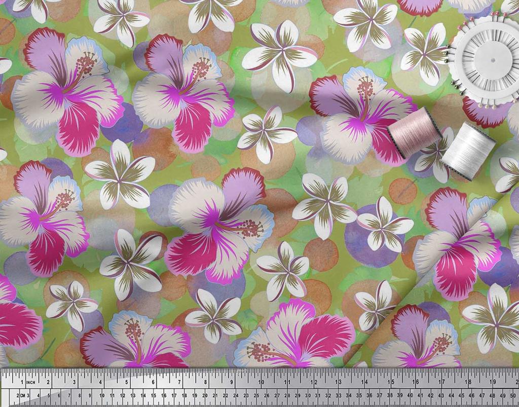 Soimoi Japan Crepe Satin Fabric Leaves & Plumeria Flower Decor Fabric Printed Metre 42 Inch