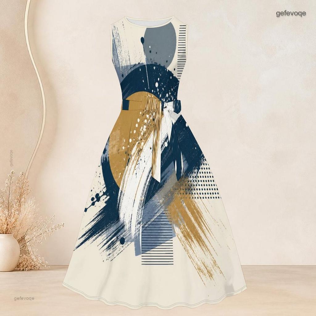 Damski dwuczęściowy zestaw Plus Size z nadrukiem abstrakcyjnej twarzy, kardigan 3/4 z otwartym przodem, bez rękawów, sukienka rozkloszowana z wiązaniem w talii