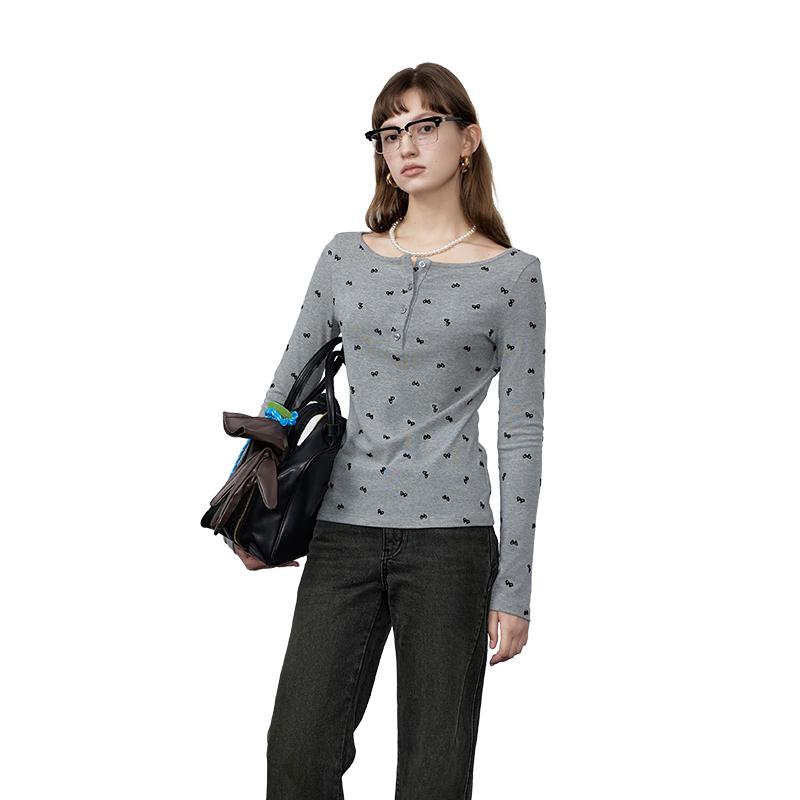 GREEN BELT Women s Bowknot Print Square Neck Long Sleeve Top S