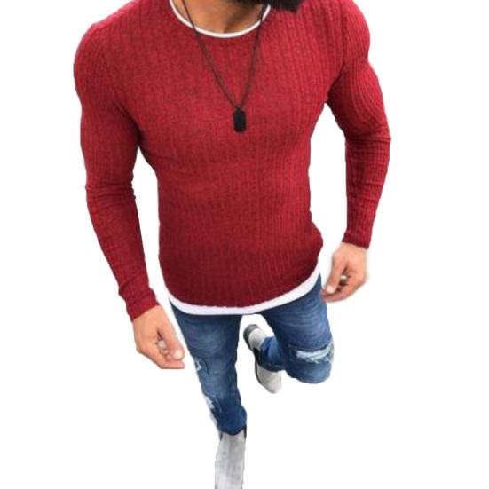 Fashion Men Round Neck Long Sleeve Patchwork Slim Knitted Sweater Pullover Top