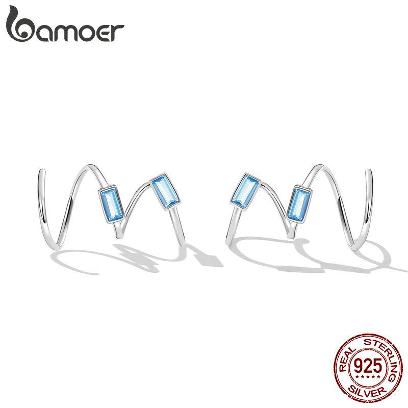 Bamoer 925 Sterling Silver Simple Style Blue Gemstone Ear Hooks for Women Trendy Geometric Studs Fine Jewelry Party Gift