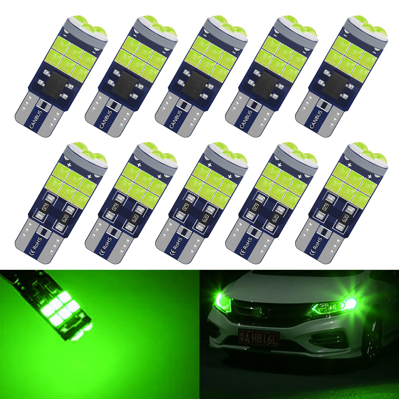 

GZRUICA T10 LED Bulb Position Lamp, License Plate Light, Room Lamp, Explosive Light, Non-Polarity, зелёный