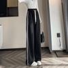 Women's High-Waist Drawstring Wide-Leg Sweatpants, Grey Fleece-Lined with Three Stripes - Spring, Autumn, & Winter Casual Floor-Length Draping Style.