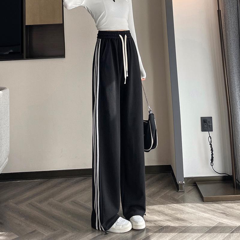 Women's High-Waist Drawstring Wide-Leg Sweatpants, Grey Fleece-Lined with Three Stripes - Spring, Autumn, & Winter Casual Floor-Length Draping Style.