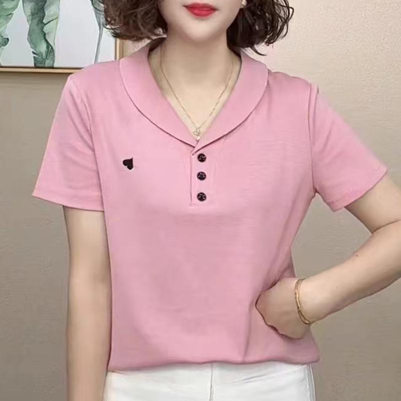 2026 Summer Women's Pure Cotton Short Sleeve Lapel T-shirt for Middle-Aged and Young Mothers - Casual, Loose Fit, Versatile Top