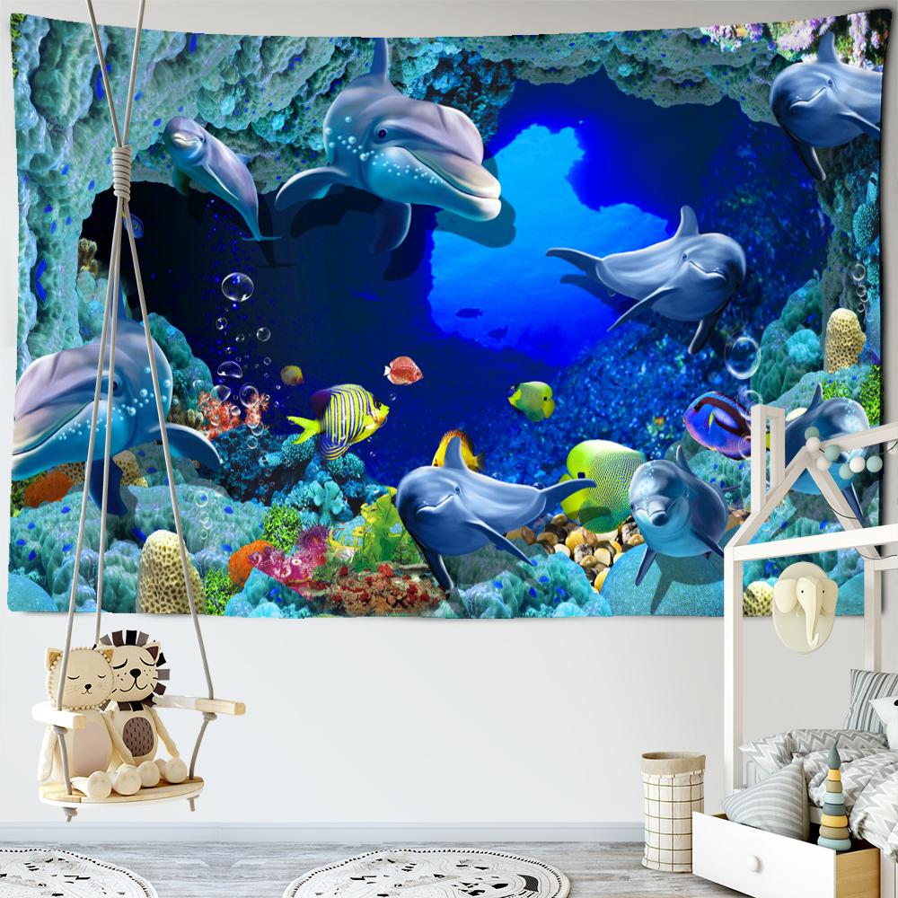 

Гобелен с афалиной и дельфином, настенный подвесной мультяшный кавайный гобелен для детей, Бохо, хиппи, эстетическая комната, художественный домашний декор 95x70cm
