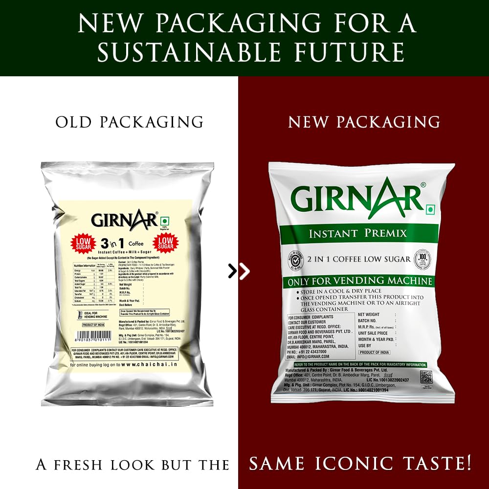 Girnar Instant Premix 2 in 1 Coffee Low Sugar 1kg Pouch Full-Bodied Smooth Flavored Beverage
