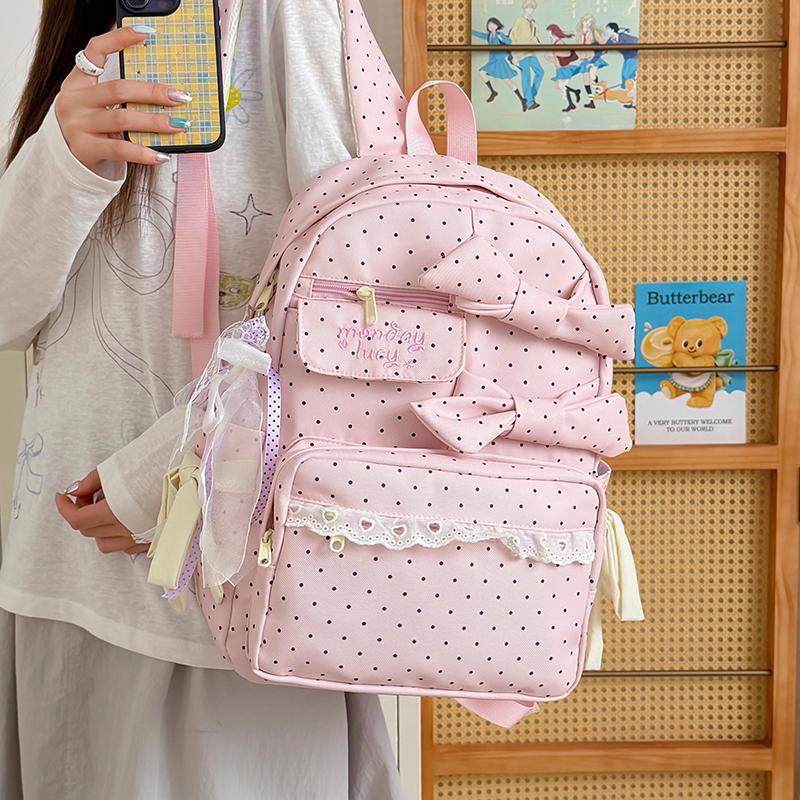 Zaino a Pois Grande Capacità Zaino Leggero per Studenti e Pendolari Zainetto Scolastico con Fiocco per Campus