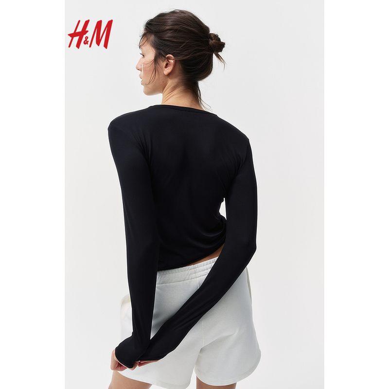 HM Women's T-shirt Autumn Elastic round Neck Soft Comfort and Casual Jersey Base Tops 1191700