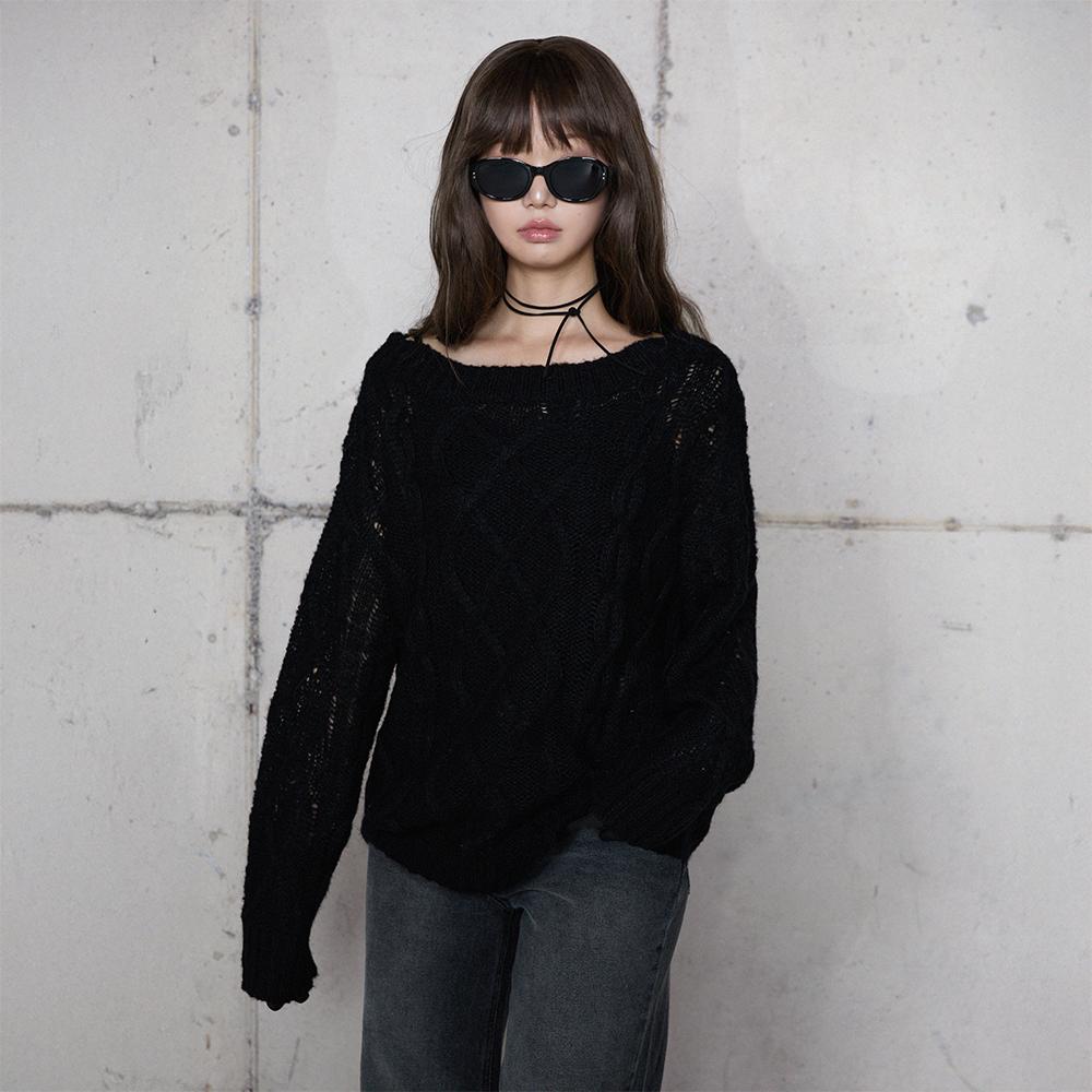 LALAFOX Boat Neck Cable Knit Black Br4Kl004