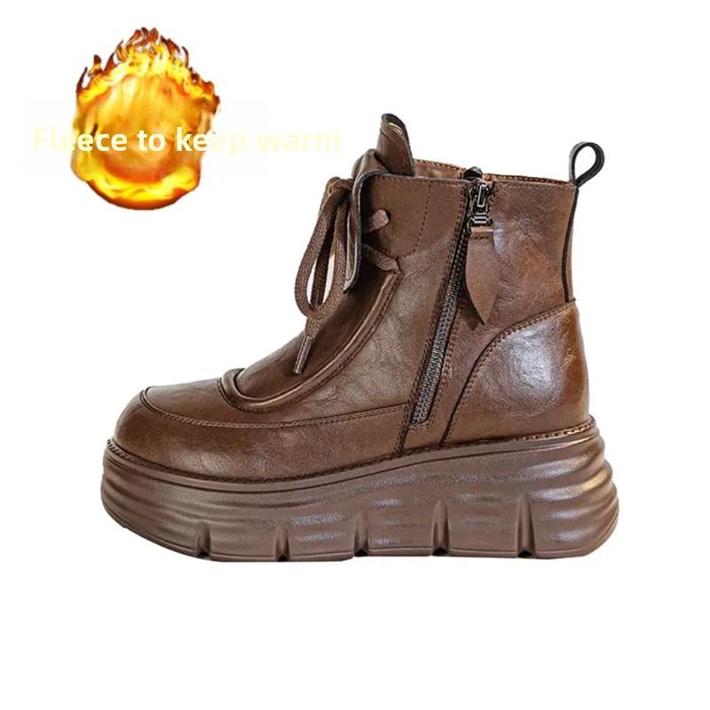 Leather Boots Women's High Top Fce Lined Thi Bot Heightening Ort Boots Autumn Winter Fashion UK Sle Round Toe
