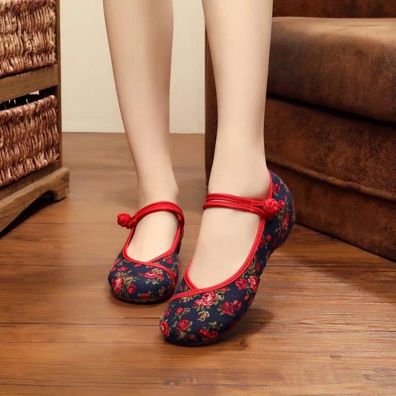 sapatos femininas women fashion sweet light weight chinese embroidery buckle strap flat shoes lady casual dance shoes ga296