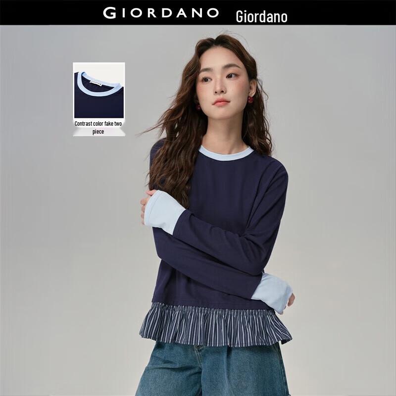 GIORDANO Женская полосатая футболка с длинным рукавом, имитирующая двухпредметный образ L