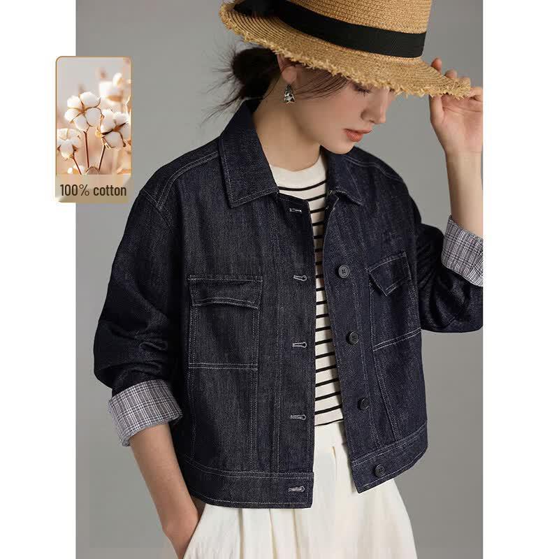Women s Retro Plaid Patchwork Denim Jacket L