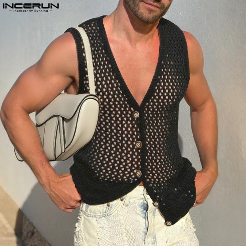 INCERUN Men V Neck Sleeveless Buttons Up Hollow Beach Tank Tops