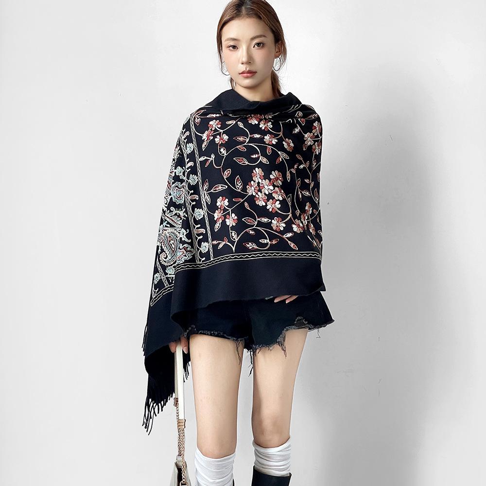 Xinjiang Qinghai scarf women's embroidery thickened shawl autumn and winter versatile cashmere long cape cape
