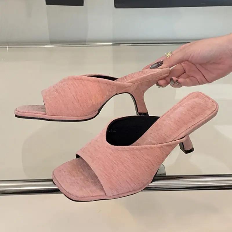 Fashion Eilyken Summer Fashion Square Toe Women Slippers Fashion Thin Low Heels Slide Shoes Elegant Party Dress Zapatos De Mujer