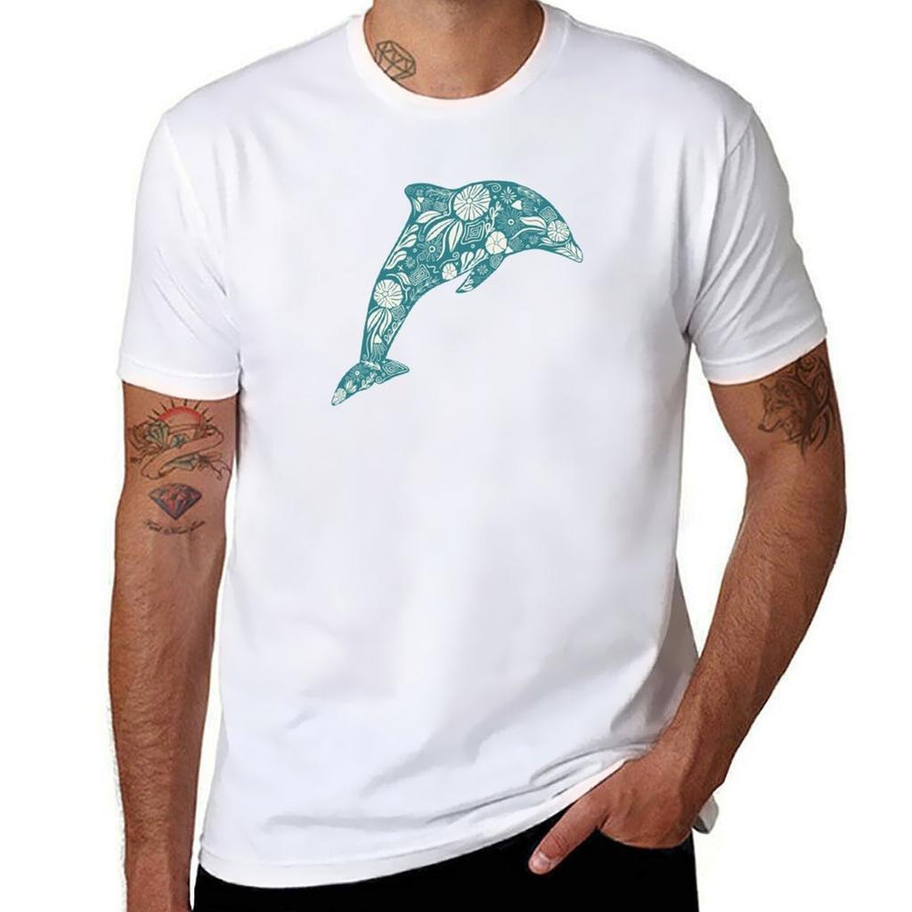 Floral Dolphin Friend Tshirt Simple Solid Color Crew Neck Tee