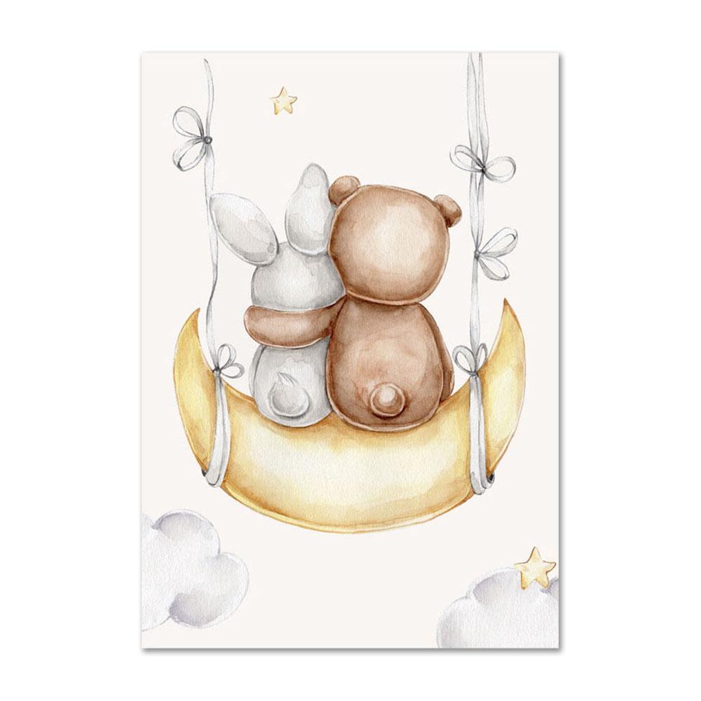 Personalized Nursery Wall Art Poster and Prints Customized Wall Art Cartoon Bear Moon Rainbow Cloud Star Canvas Painting Picture