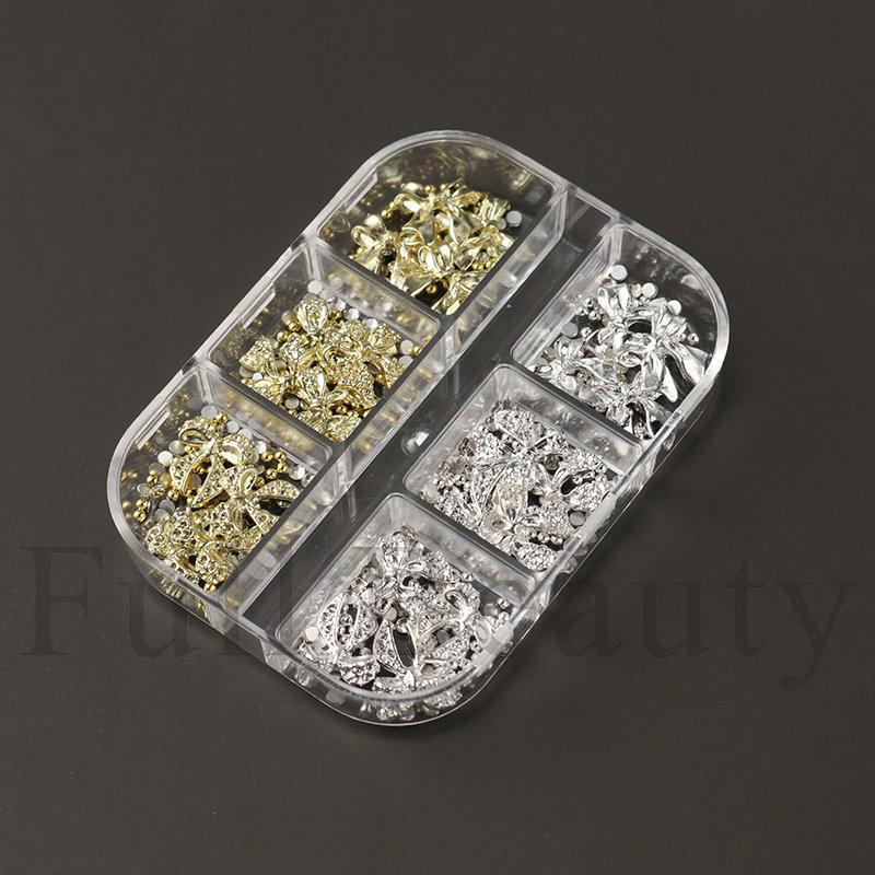 1pc of 6-compartment metal bow rhinestone and steel bead 3D nail art, nail decoration, holiday gift.