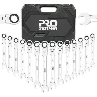 Prostormer Flex Ratchet Adjustable 72 Gear Ratchet Combination Wrench 14 Piece for Automotive Car Storage Case Included Wrench, Angle, Set, 6-19mm,