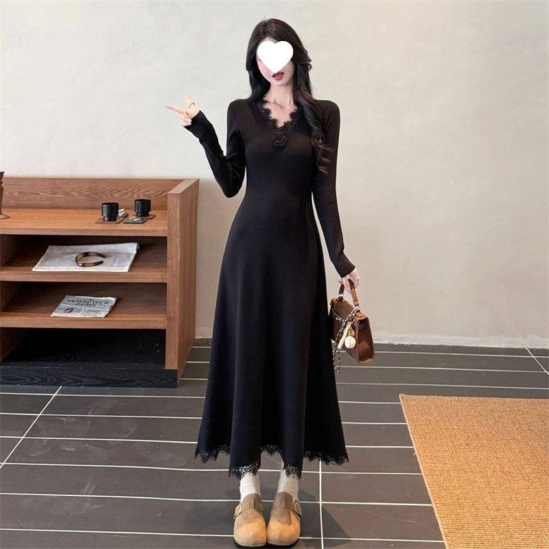 French temperament collar lace flower knitted dress women's clothing beautiful autumn and winter waist slim long skirt