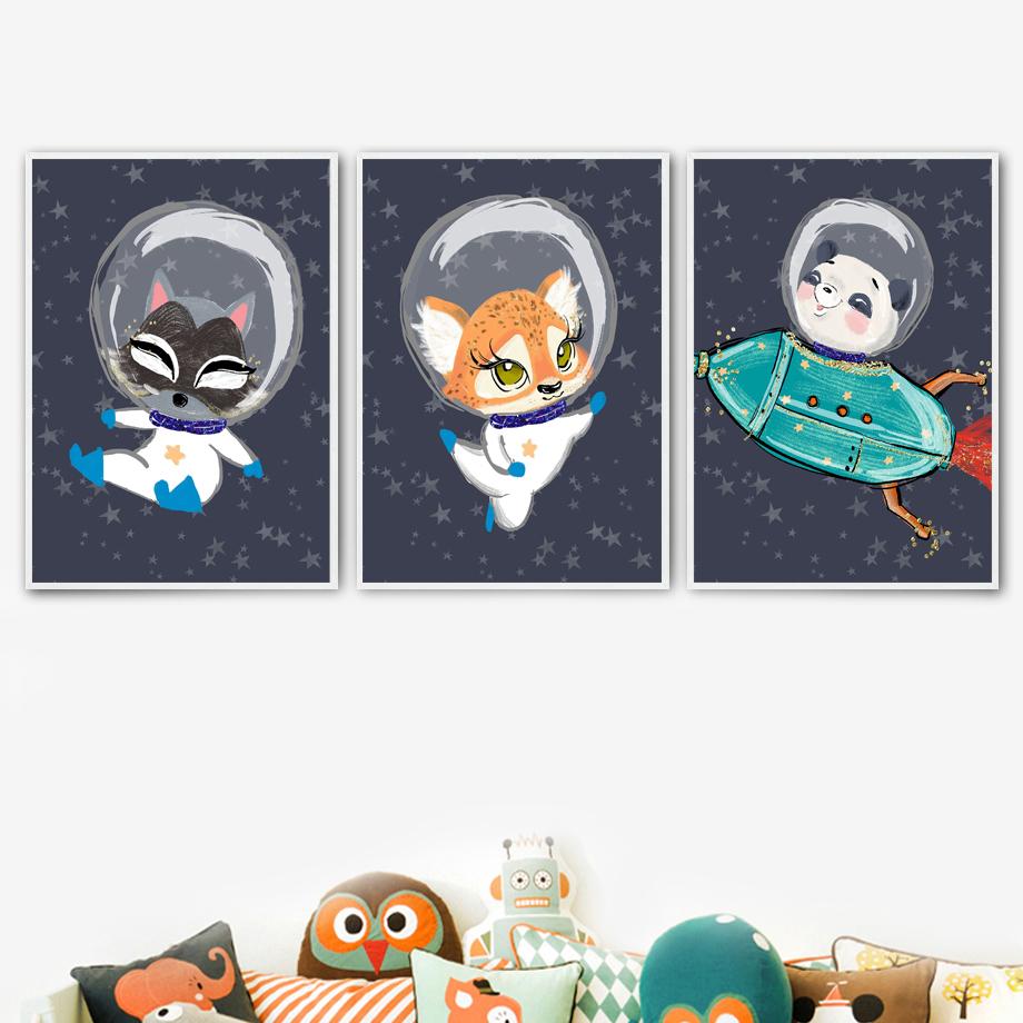 Weltraum Astronaut Fuchs Löwe Bär Waschbär Reh Wandkunst Leinwandbild Nordische Poster Und Drucke Wandbilder Baby Kinderzimmer Dekoration