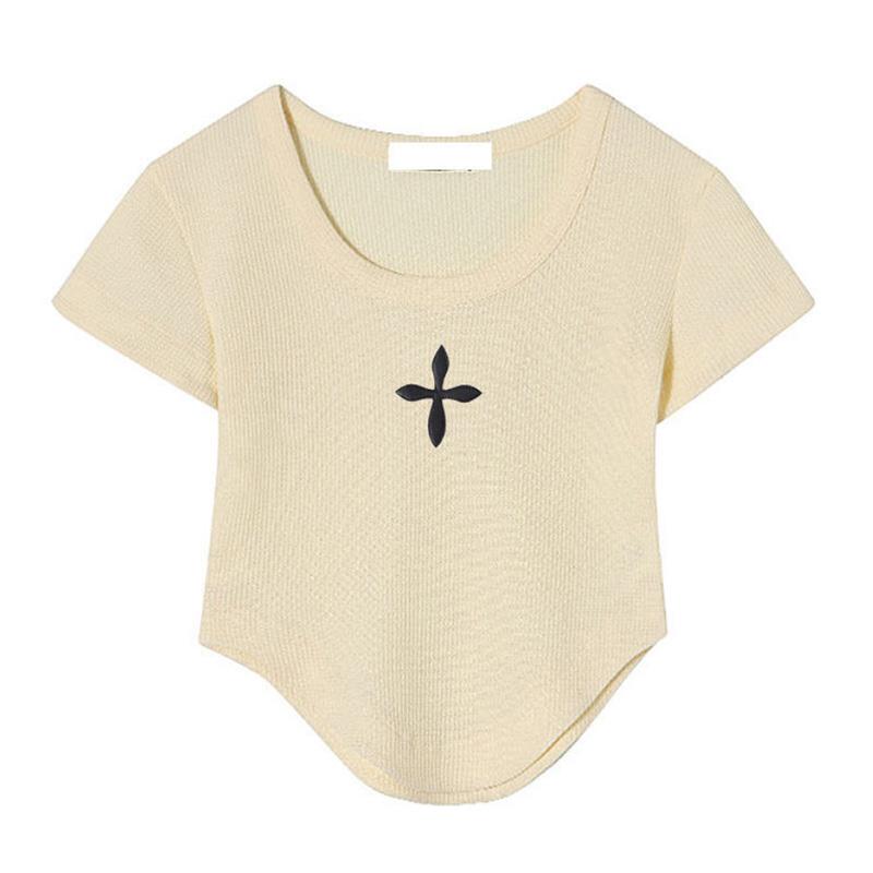 

Вафельная футболка, женский топ с открытыми плечами и короткими рукавами, нерегулярный изогнутый низ, U-образный вырез, ретро-топ L бежевый