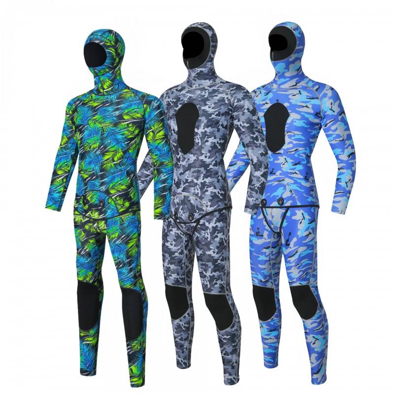 Muta separata in neoprene da 3 mm Uomo Donna Mimetica con cappuccio Apnea Surf Pesca subacquea Immersioni profonde Salvataggio Calda