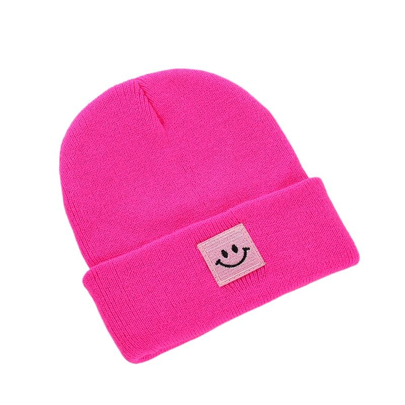 Children's Smiling Face Hats In Stock Children's Candy Colored Knitted Hats with Embroidery Cold Hats for Boys Girls Smiling Face Logo Yarn Hats
