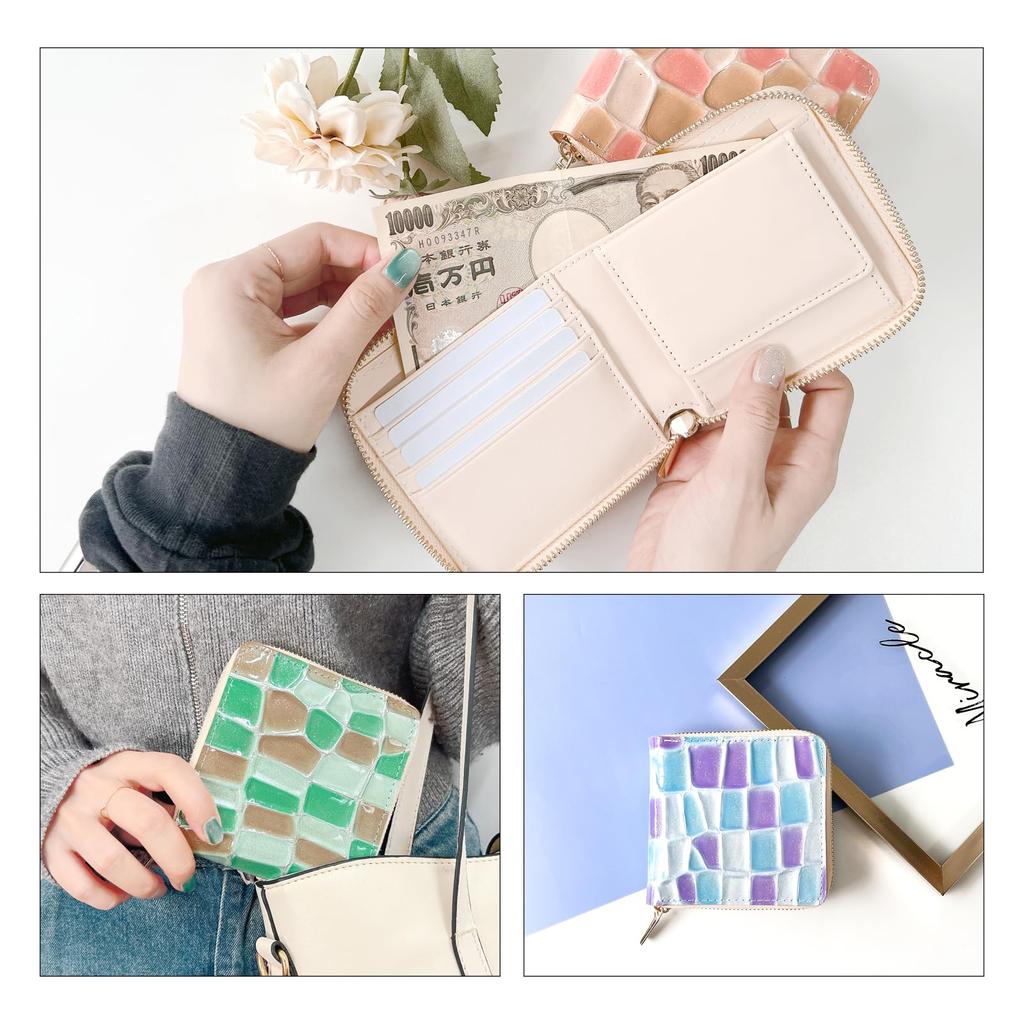 Trendy Yamagishi Genuine Leather Bifold Wallet with Round Zipper, Women's, Compact, High-Quality Enamel Embossed Stained Glass Design, Pink