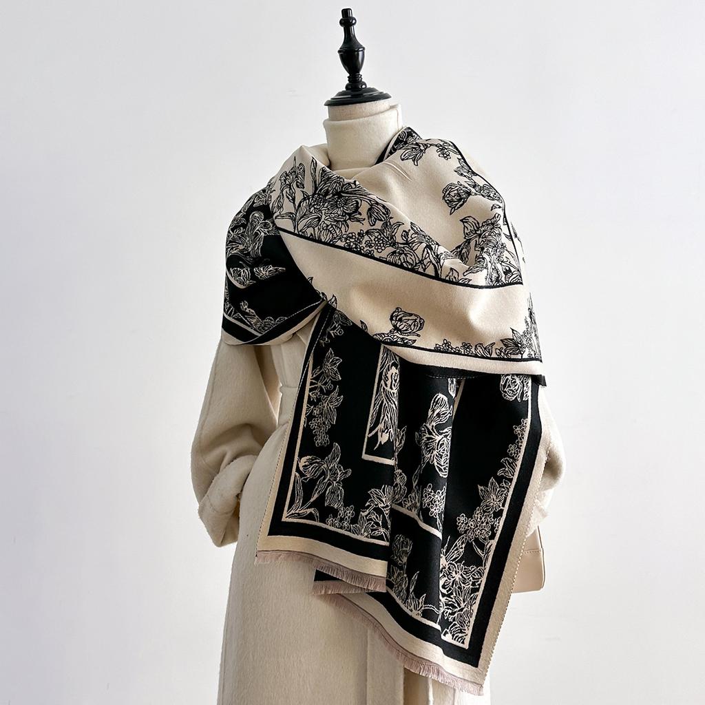 Iris Printing Medium And Long Thickened Double-Sided Imitation Cashmere Autumn And Winter Decoration Cape To Keep Warm And Keep Out The Cold