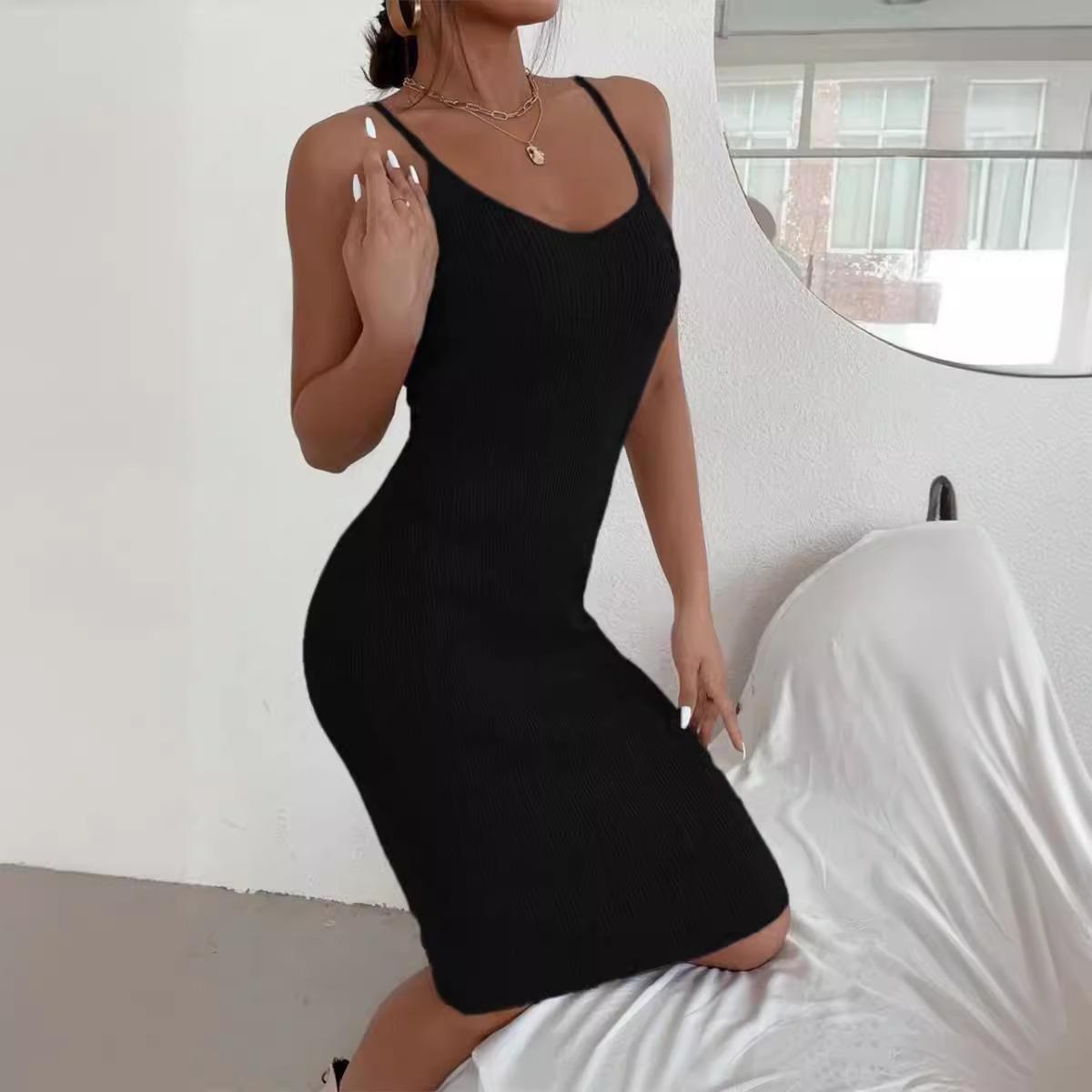 

GMXIA Женское весенне-летнее модное повседневное шерстяное тканое платье-халтер с V-образным вырезом L чёрный