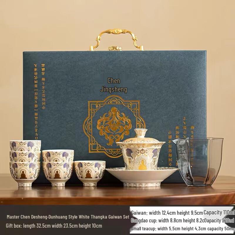 

Chen Desheng Dunhuang White Thangka Ceramic & Silver Tea Set