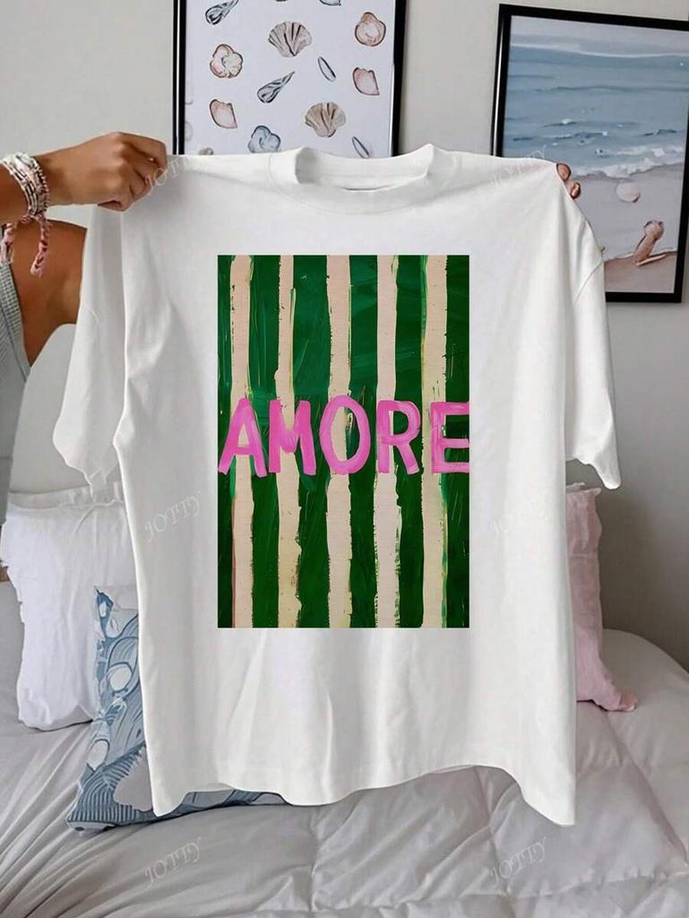AMORE Striped Art Pattern Summer Outfits Unisex Casual Round Neck Short Sleeve TShirt Tops Beach Surf Tshirt