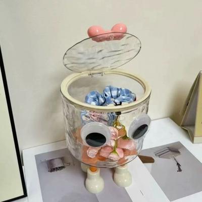 Transparent Desktop Storage Box Multifunctional Large Capacity Pen Storage Buckets Cartoon Big Eyes Press Type Lid