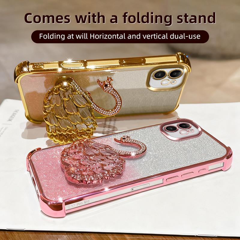 KEYSION Shockproof Plating Phone Case for iPhone 11 12 Pro Max Clear TPU Glitter Jewelled Swan kickstand Back Cover for iPhone 11
