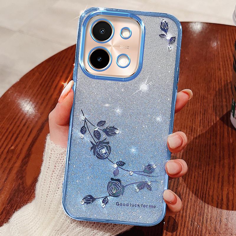 

For vivo Y28 4G Case TPU Gradient Phone Cover Flower Pattern Aesthetic Blue