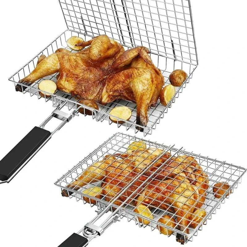 Bærbar grillkurv Sammenleggbar BBQ-grillkurv i rustfritt stål med håndtak for fisk Grønnsaker Reker Matlaging Kokekar Verktøy Nytt