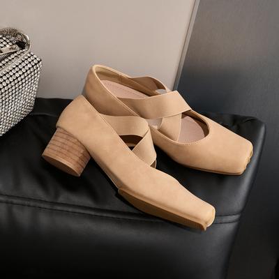 Sapatos de couro estilo ballet francês sapatos de tamanho único feminino tamanho pequeno sapatos Mary Jane femininos salto grosso salto alto sapatos de ballet