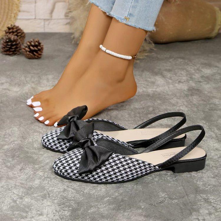 Fashion Pointed Toe Butterfly-knot Women's Fashion Low Heel Sandals Spot Checkered Office Ladies Flat Sandals Elegant Ankle Straps Shoes