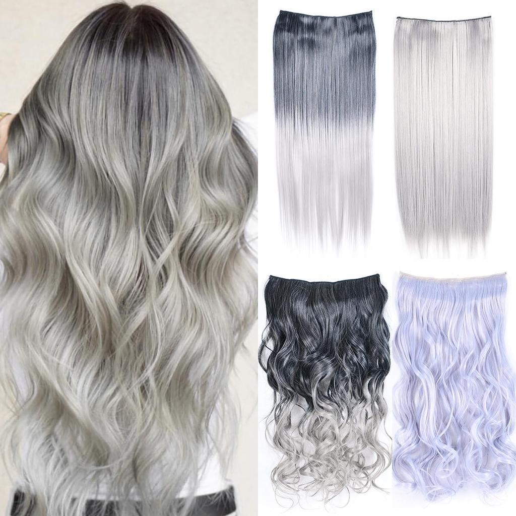 Clip In Hair Extensions For Women One Piece 5Clips Straight&Wavy Hair Black Gray Ombre Color Cosplay Hairpieces