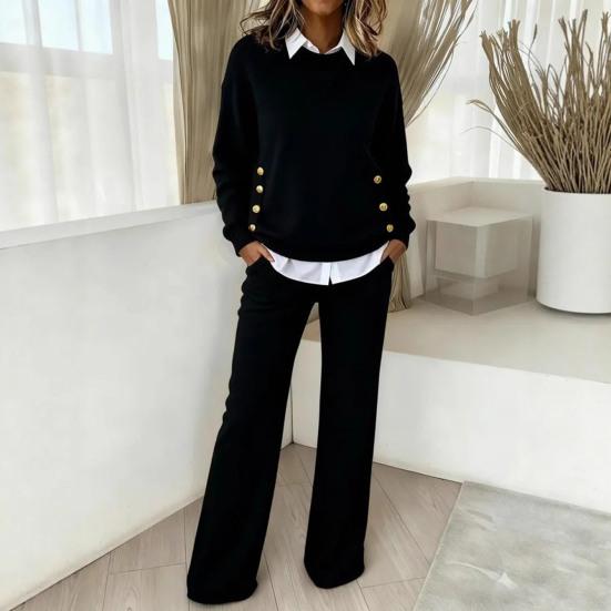 Dámský dvoudílný outfit Splicing Falešný dvoudílný mikina s límečkem a kalhoty s širokými nohavicemi Set Podzimní Ležérní Tepláková souprava Lounge set