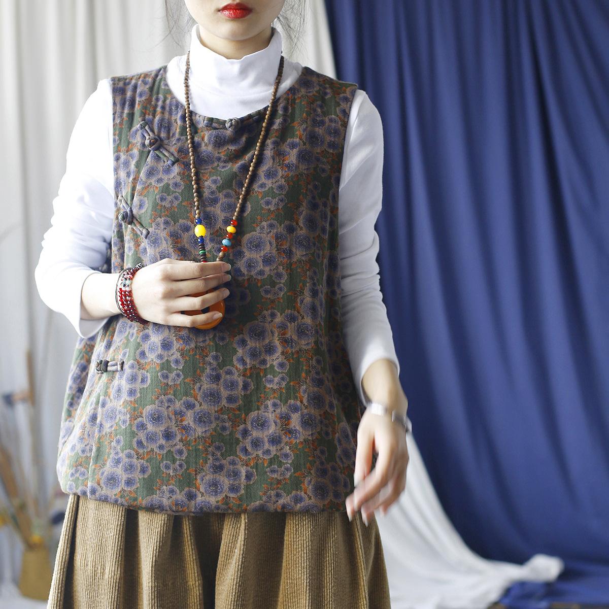 

Johnature Женские жилеты в китайском стиле Пальто с круглым вырезом и цветочным принтом Осенние винтажные женские жилеты с пуговицами One Size