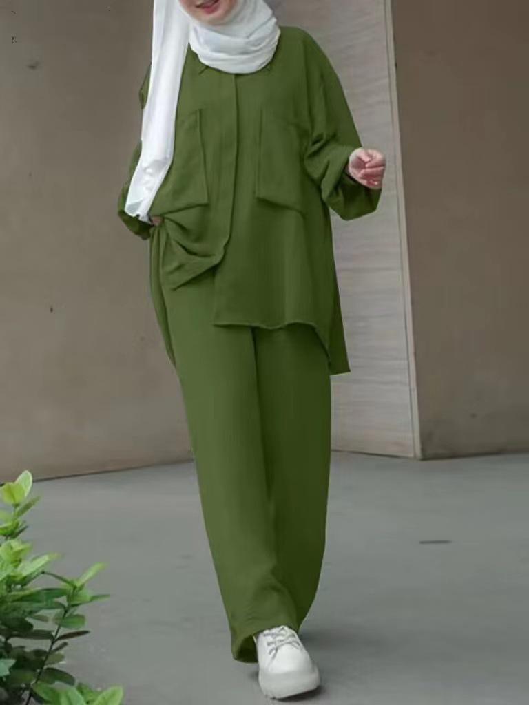 2024 Middle East Muslim Long Sleeve Shirt & Elastic Waist Pants Set with Patch Pocket & Hidden Placket, Yarn-Dyed