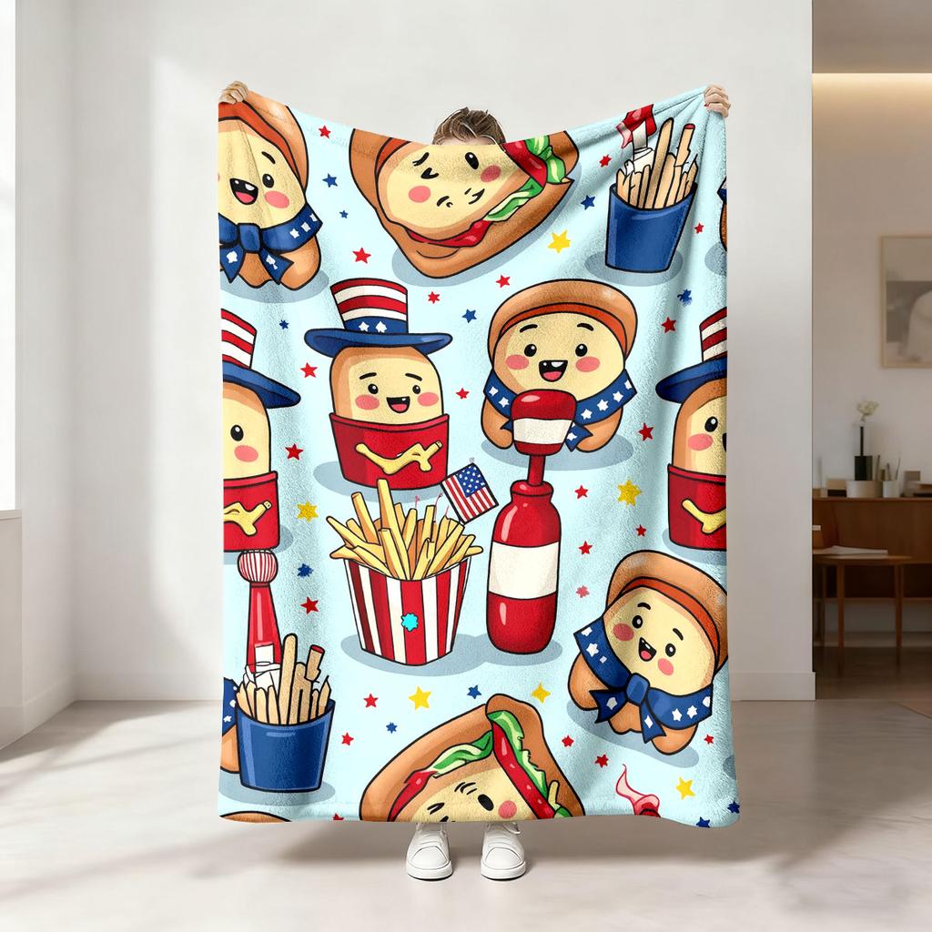 1Pc Cartoon French Fries Printed Flannel Blanket In Multiple Sizes, Soft And Comfortable, Machine Washable Gift Blanket