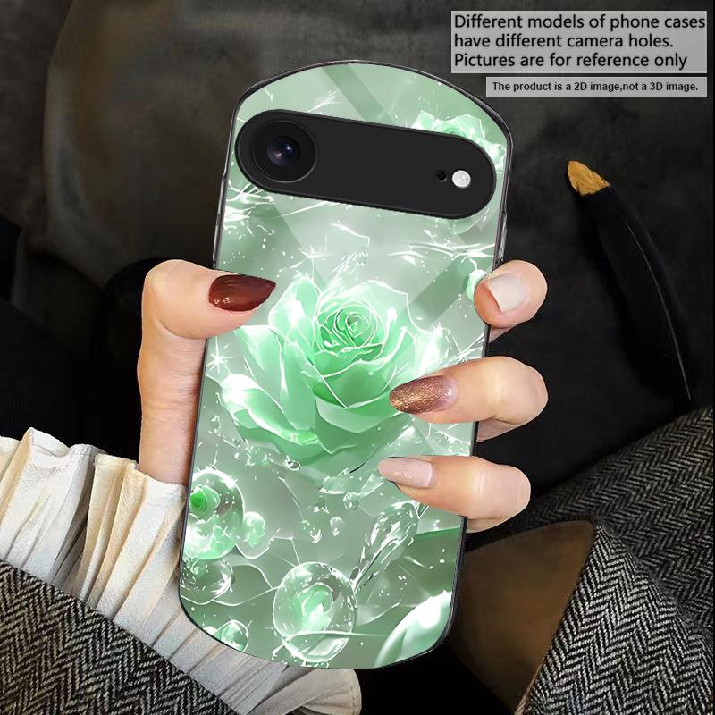 Ice crystal-colored roses For iPhone 17 16 15 14 Pro 13 Plus 12 mini 11 Pro Max XR X S 7 8 Elliptical Tempered Glass Phone Case