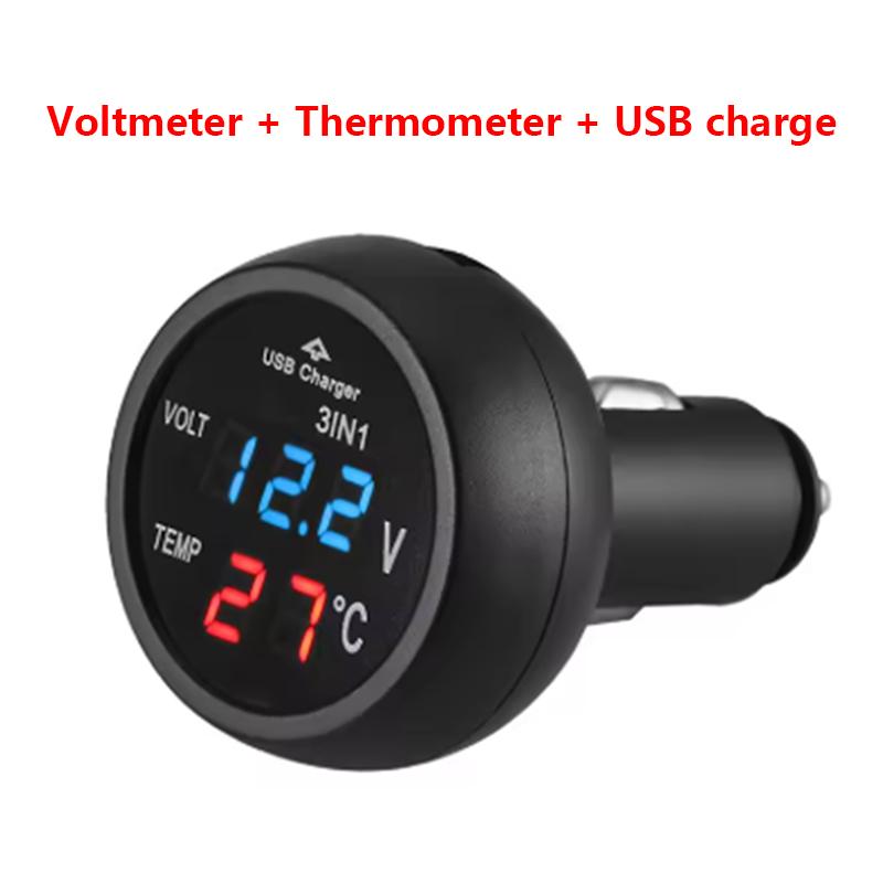 Car Charger 3in1 12/24V Voltmeter Thermometer USB Charger Switch Auto LED Digital Monitor Display Current Meter Volt Detector